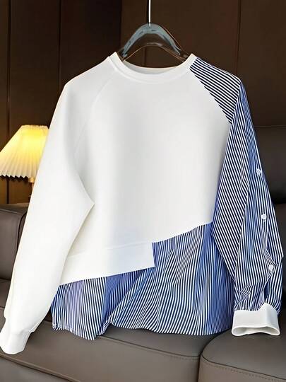 1pc Striped Patchwork Contrast Color Ribbed Button Women Blouse, Casual & Collegiate, Spring/Autumn