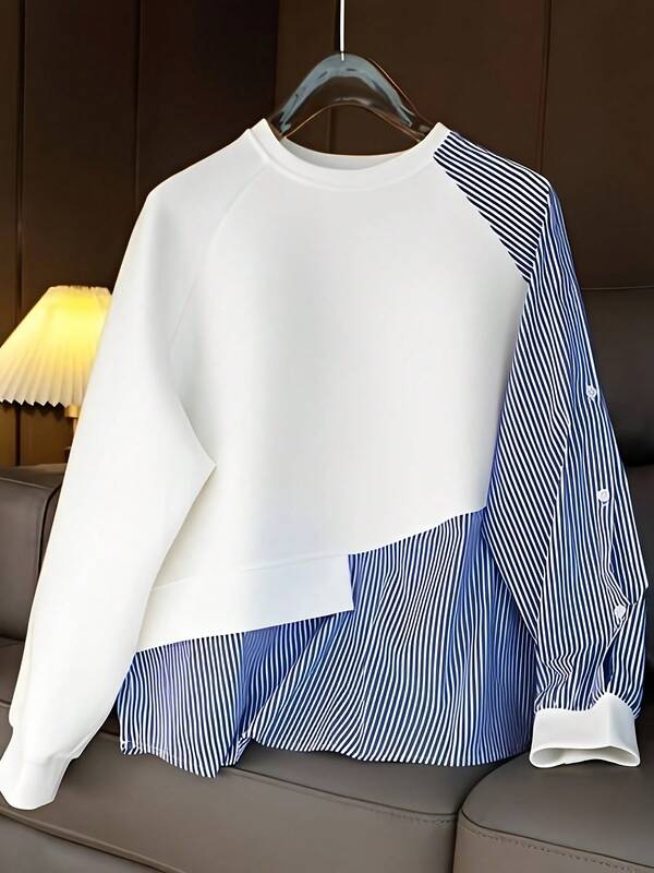 1pc Striped Patchwork Contrast Color Ribbed Button Women Blouse, Casual & Collegiate, Spring/Autumn