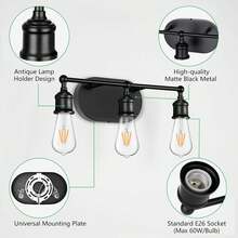 Bathroom Light Fixtures, 3-Light Matte Black Modern Vanity Lights, Vintage Wall Sconce Lighting, Bathroom Wall Lamp, E26 Base Porch Wall Lamp For Mirror Living Room Cabinet (Bulbs Is Not Included) - Black - View 6