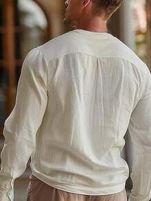 Mercer Haus Mens Stand Collar Pullover Shirt, Half Open Placket Long Sleeve Solid Color Casual Commuter Shirt - White - View 4