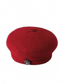 1pc Vintage Inspired Casual Wool Beret Hat With Rhinestones, Flattering Painter Cap, Versatile For Autumn/Winter, Suitable For Valentine's Day