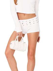 Women Studded Fold Over Micro Shorts Elastic Low Rise Rivet Embroidered Mini Shorts Y2K Punk Foldover Boxers Workout Sweat Shorts Going Out Streetwear - 白色 - 查看 1