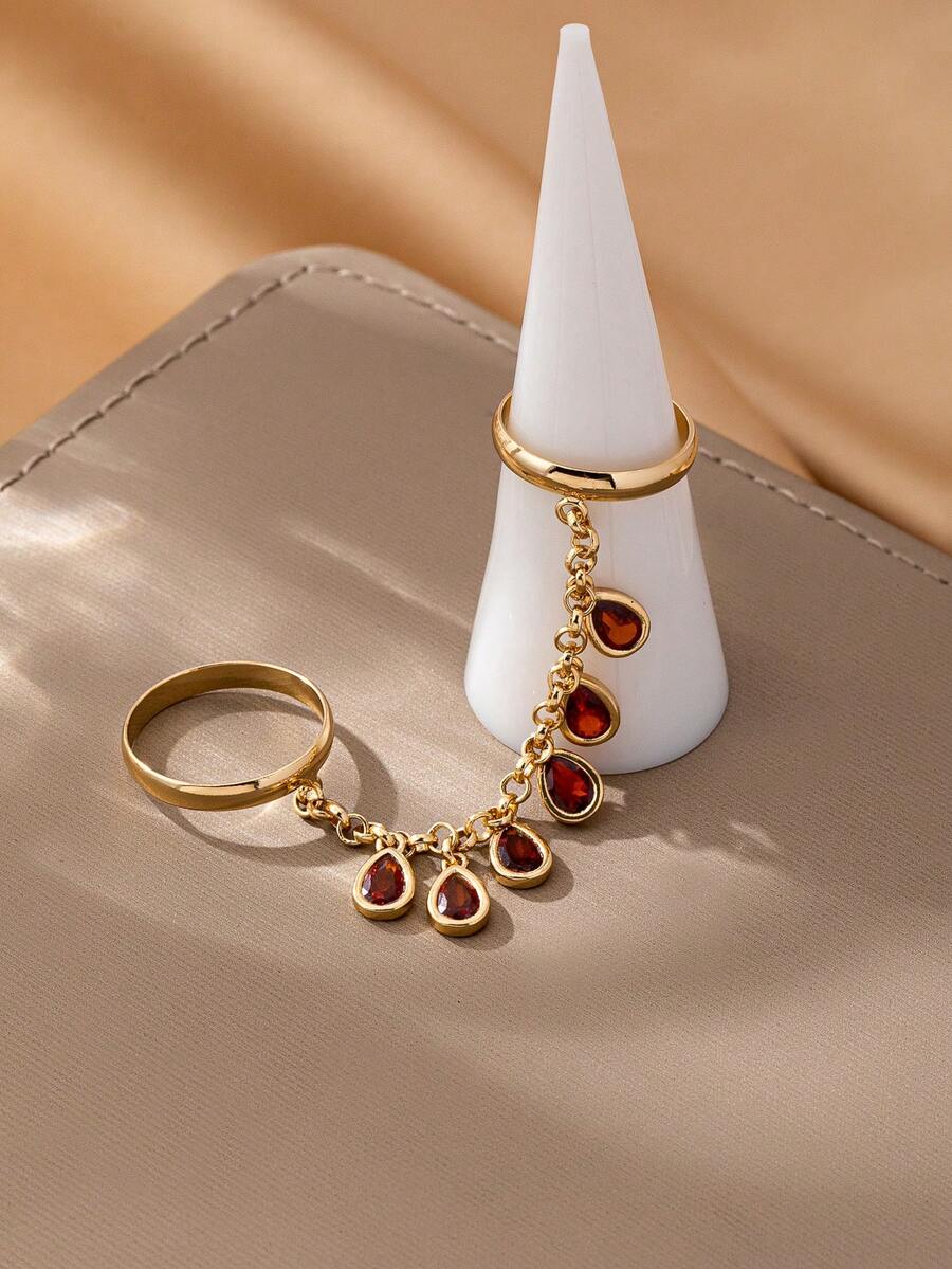 1 件时尚铜镶嵌方形立方氧化锆连接指环，闪亮锆石流苏链项链，适合女士，奢华黄金首饰，适合日常、婚礼、派对配饰，婚礼季节礼物