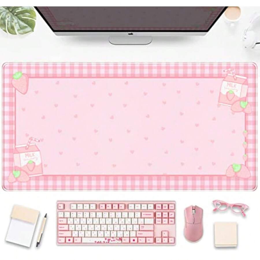 Cute Pink Plaid Desk Mats Strawberry Milk Gaming Desk Pad 31.5x15.75in, Kawaii Extended Mouse Pad Kawaii Large Keyboard Mats XXL, Laptop Mat For Desk, Desktop Mat Mousepad Office Decor For Women - 黑色 - 查看 1