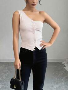 Blusa casual y elegante sin mangas, Diseño Asimétrico Rayado olsillos Falsos Decorativos para Looks Casual -- Chic, botones frontales decorativos para citas, fiestas, vacaciones, meriendas de té y cumpleaños- Tallas corren pequeñas - Beis - Ver 4