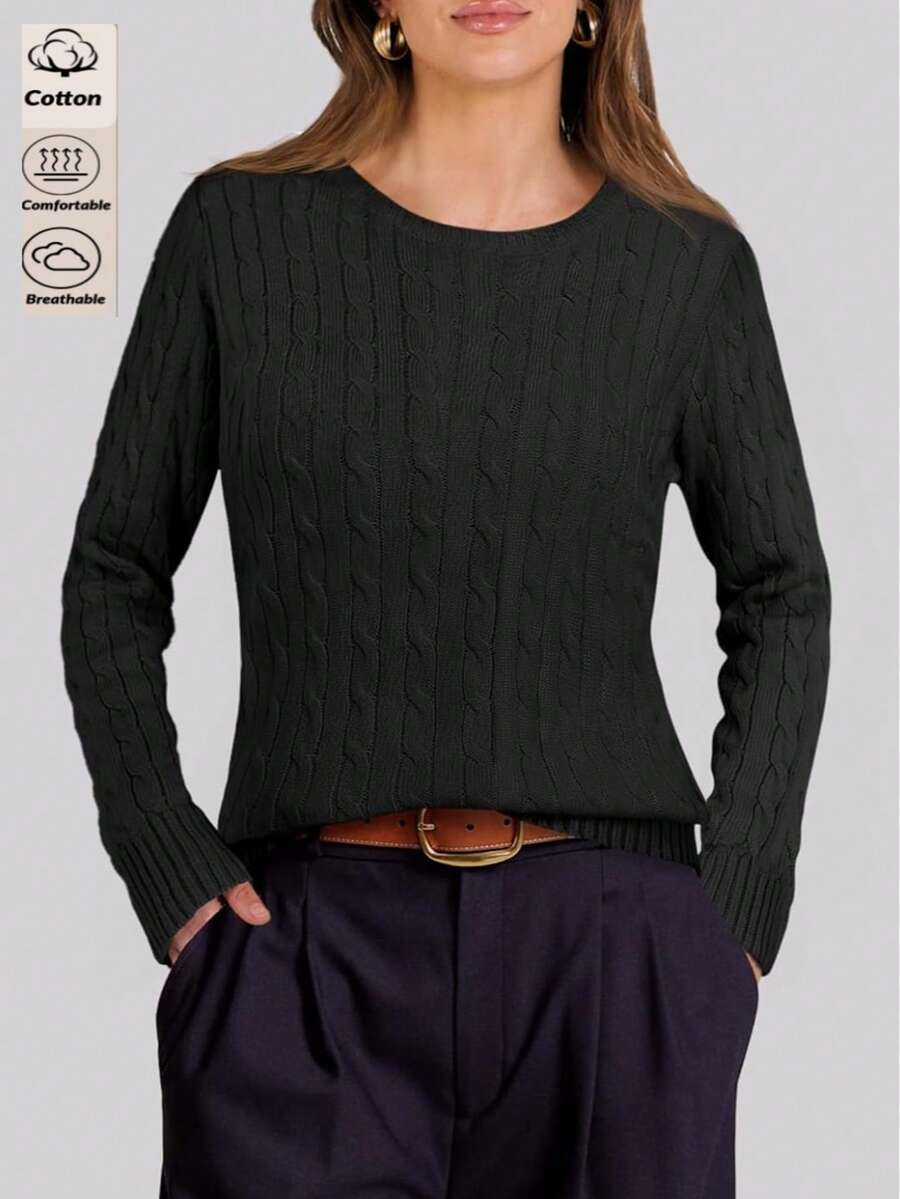White Women's Long Sleeve Knit Solid Color Casual Ribbed Beach Sweater - Black - View 1