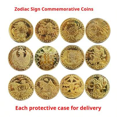 1 moeda comemorativa com 12 signos do zodíaco, moeda de ouro comemorativa em relevo 3D, medalha comemorativa de metal, brinquedo colecionável, decoração - presente de aniversário, presente de Páscoa, presente de Halloween, presente de Natal, presente perfeito, lembrança