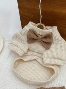 1 pieza Camisa de punto de gofre con corbatín de caballero, adecuada para caniche, maltés, perros pequeños y gatos - Beis - Ver 6