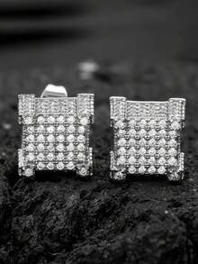 1 Pair S925 Sterling Silver Cubic Zirconia Square Stud Earrings, Minimalist Personalized Hip-Hop Earrings, Suitable For Daily Wear, Birthday, Gift, Wedding, Valentine's Day, Christmas, New Year And Other Occasions