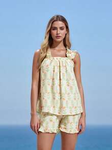 Women Floral Print Summer Set Square Neck Flutter Sleeve Loose Tank Tops Ruffled Shorts 2-Piece Outfits - 橘色 - 查看 3