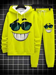 ZhuYa Hot Selling "Anime Cartoon Funny Face Print" Matching Plus Size Men's Hoodie Sweatsuit, Spring/Autumn/Winter Sports 2 Pieces Set - Plus Size Loose Fit, Comfortable Relaxed Style Hoodie + Jogger Pants, Streetwear Casual - Yellow - View 2