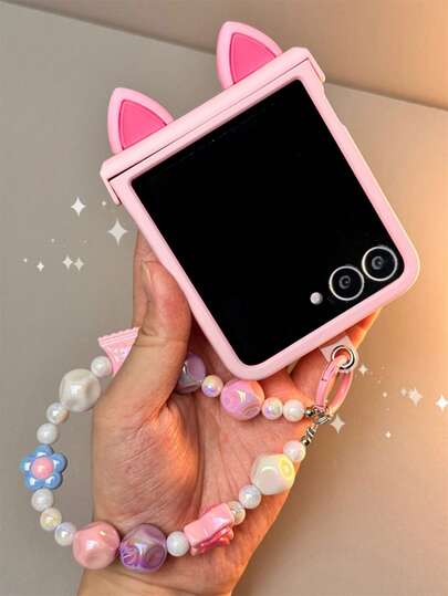 Cute Heart Ear Bracket Brown Matte Protective Phone Case Compatible With Samsung Galaxy Z Flip7 Flip6 ZFlip5 ZFLIP4 Flip3 Lovely With Nylon Lanyard Rope Anti-Fall Folding PC Hard Back Cover