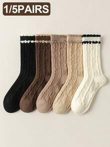 1/5 Pairs Women's Marl Color Cable Knit Double Layer Ruffle Hem Retro Style Mid-Calf Socks
