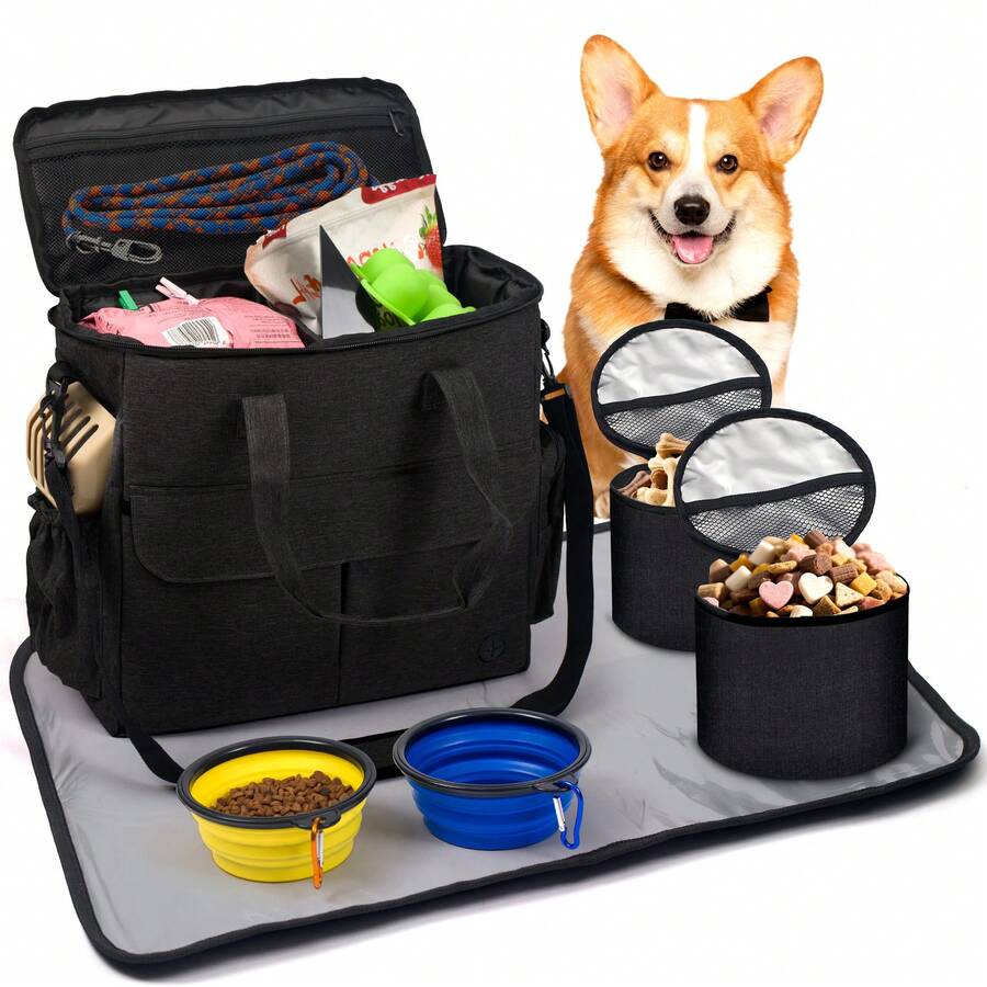 Airline-Approved Dog Travel Bag Pet Carrier Set With 2 Collapsible Bowls & Multi-Compartment Design - Zipper Closure - Ideal For Overnight Trips & Halloween Gifts, Adjustable Strap Dog Travel Bag, Pet Travel Essentials, Durable Pet Bag, 2 Colors - màu đen - Xem 1