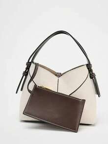 Women Two-Tone Design Mini Canvas Tote Bag, Fashion Shoulder Hand Bucket Bag