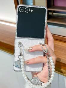 时尚水波纹透明手机壳适用于三星 Galaxy Z Flip 7 Z Flip6 ZFlip 5 ZFlip 4 ZFlip 3 5G 珍珠手链透明保护后盖 - 無色 - 查看 5