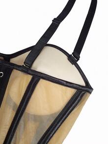 1 pieza Top tipo bustier de malla transparente, body corto con cordones de satén y encaje sexy sin tirantes, adecuado para salidas de mujeres/fiestas de Halloween