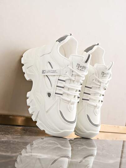 女士白色厚底休闲运动鞋，舒适坡跟鞋