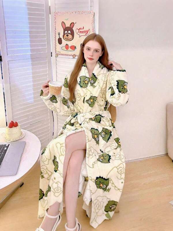 1 pieza Bata de felpa de terciopelo con bordado de dinosaurio pequeño - Pijama de lana de manga larga con cinturón, adecuado para uso casual familiar. Franela, lana, terciopelo, felpa suave y cálida, perfecta para niñas jóvenes y estudiantes, un regalo cómodo para parejas/mejores amigos en cumpleaños y fiestas. Decoración cálida de invierno