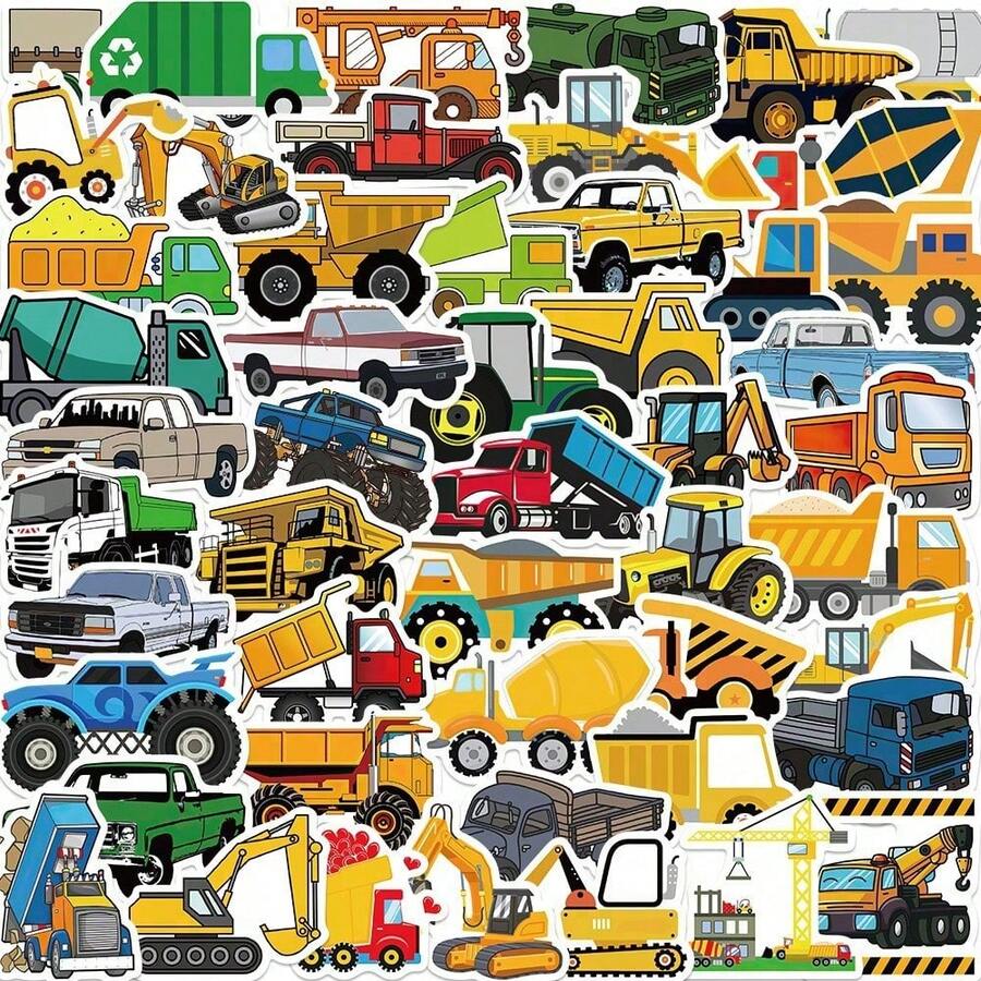 50 Pieces Of Cute Construction Vehicle Stickers - Waterproof PVC Stickers, Suitable For Laptops, Skateboards, Suitcases, Etc. - Durable, Self-Adhesive, Multi-Shape, Suitable For Winter And New Year Decoration