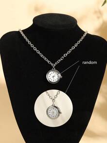 1pc Creative Round Quartz Watch Pendant Necklace, Unisex For Everyday And Party Wear - Antique Silver - View 14