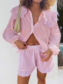 Womens Casual 2 Piece Outfits Long Sleeve Doll Collar Blouse Tops + Shorts Set Loungewear - 粉色 - 查看 2