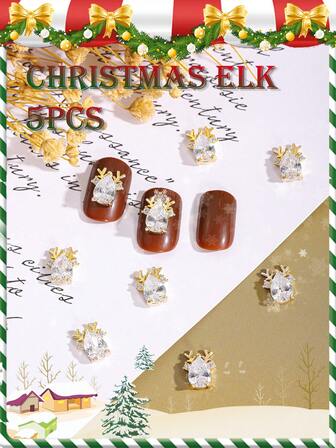 5 件/10 件金银驯鹿头水钻美甲饰品，铜材质锆石嵌入式圣诞美甲装饰，Y2K 金属圣锆石圣诞美甲贴纸，奢华锆石圣诞美甲装饰