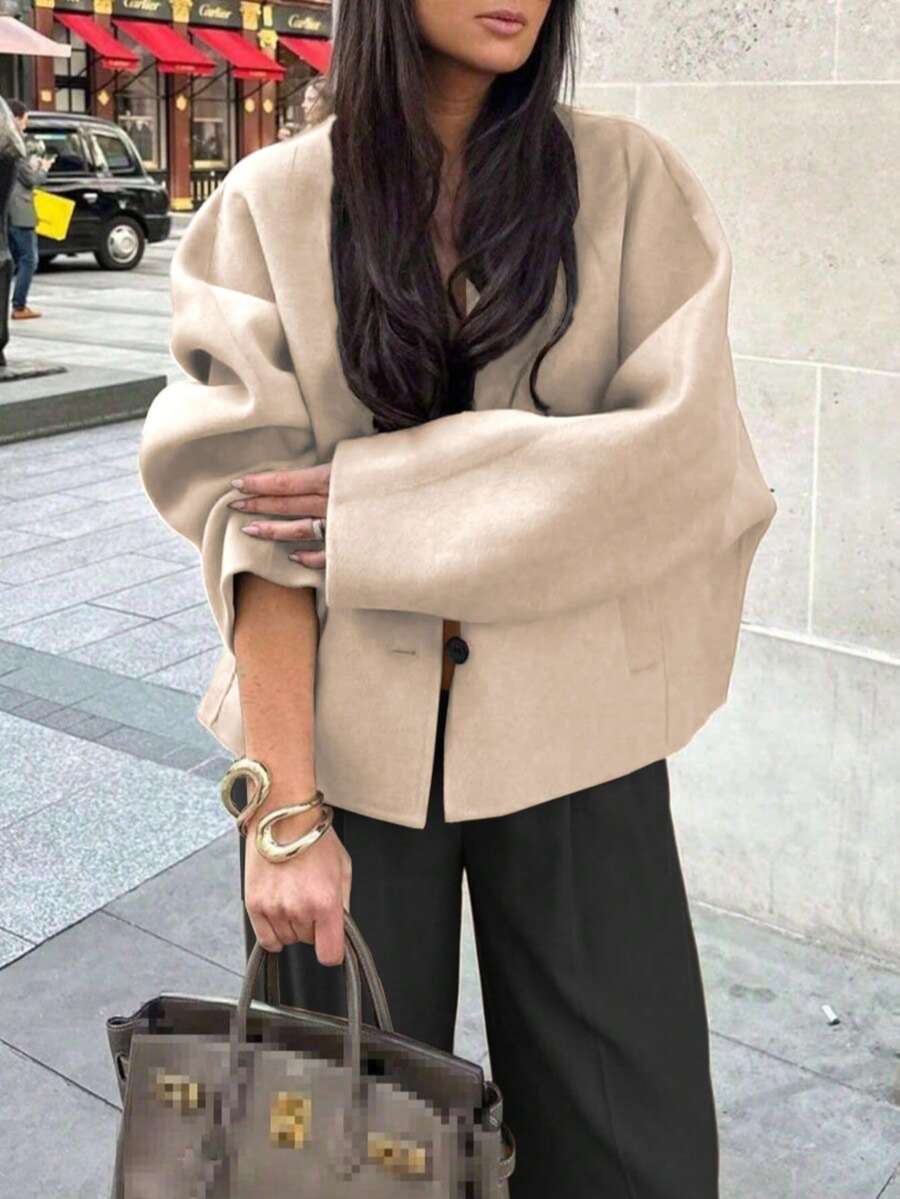 Women's Casual Solid Color Jacket, Versatile For Daily Wear, Autumn/Winter - Apricot - View 1