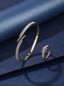 2pcs Jewelry Set: Bracelet And Ring, Minimalist And Fashionable, Double Pointed Cubic Zirconia Sparkling, Luxurious Style, Suitable As A Gift Or For Daily/Holiday Wear, For Women - Multicolor - View 15