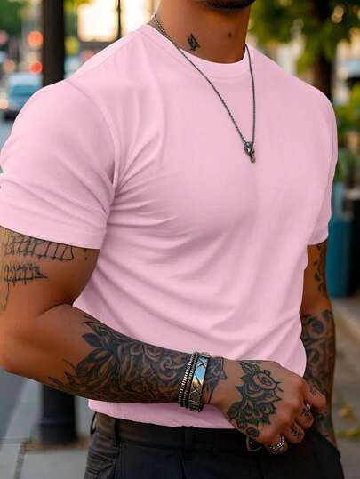 Camiseta de cuello redondo de manga corta casual rosa para hombre, de verano