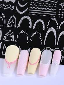 Płytka do stemplowania paznokci z koronkową krawędzią i francuskim wzorem, kokardka ze wstążki, szablon do paznokci, wielokrotnego użytku, szablon do transferu wzorów, narzędzie do zdobienia paznokci w salonie, akcesoria do paznokci DIY