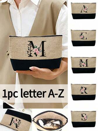 1pc Floral Letter Pattern Khaki Women's Handbag, Makeup Bag, Gift For The Best Teacher, Reusable Handbag, Women's Simple Large Capacity Travel Makeup Bag, Multi-Functional Portable Women's Gift,