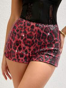 Pantalones cortos brillantes con estampado de leopardo y adornos de lentejuelas, estilo vintage Y2K, apropiados para festivales rave y fiestas
