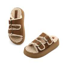 lunryet Women's Fluffy Faux Fur Slippers Comfy Open Toe Two Adjustable Band Slides With Fleece Lining And Rubber Sole Home Shoes PLUSH-1 - Lạc đà - Xem 16