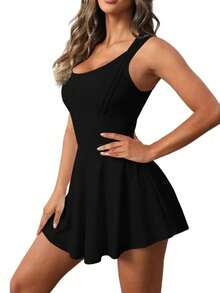 Fisoew Women's All-In-One Tennis Dress, Built-In Shorts & Pockets, Quick-Dry Sleeveless Athletic Dress For Golf & Sports Training - Black - View 5