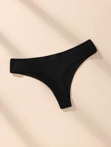 7pcs Black Ribbed Sexy Minimalist Thong Panties, Seamless Stretchy Solid Color Women's Underwear - Black - View 5