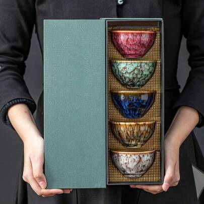 1 Set Of 5 Handmade Jianzhan Ceramic Tea Cups, Traditional Kiln-Changed Five-Element Kung Fu Tea Cups, Glazed Porcelain, Suitable For Business Gifts, Office And Home Use - Artistic, Elegant, Unique