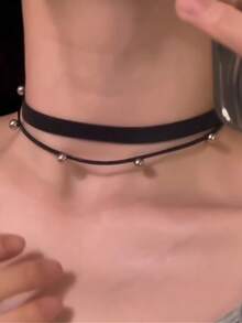 银色赛博朋克风格颈链，双层皮革颈带，女士适用 - 幾何 - 查看 6