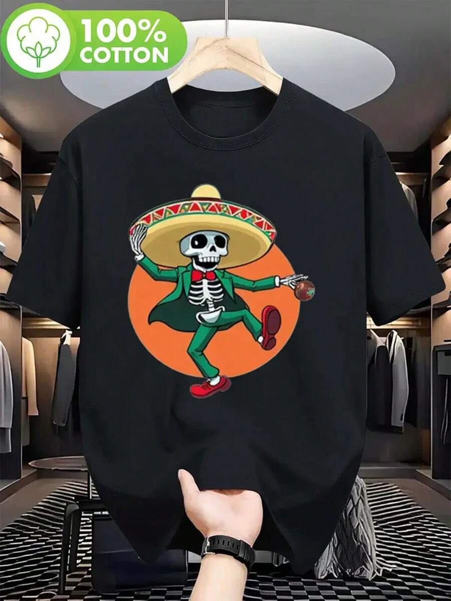 Men'S Graphic Tee - Skeleton In Mexican Costume Shirt - Black Day Of The Dead Apparel - Soft Everyday Casual T-Shirt For Halloween, Themed Parties & Casual Attire - Machine Washable Regular Fit Adult Men'S Top, Cultural Festival Clothing, Medium Elasticity Fabric, Durable Construction, Short Sleeve Top,Nightmare Before Christmas,Christmas,Halloween Costumes,Funny T Shirts,Summer Outfits,Thanksgiving Day,Men Graphic Tees,Streetwear Men - màu đen - Xem 1