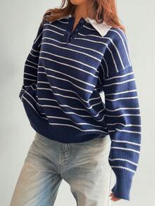 Retro College Style Striped Collar Button-Up Soft & Cozy Sweater - Royal Blue - View 5