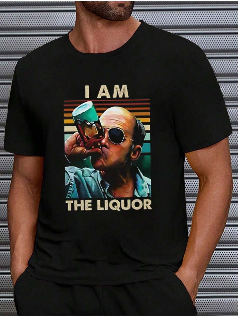 Trailer Park Jim Lahey "I AM THE LIQUOR" Graphic T-Shirt - Black Retro Stripes & Bold Text Print, Unisex Regular Fit Cotton Crewneck Tee For Men & Women, Casual Pop Culture Gift, Allseason Apparel, Crewneck Shirt, Nontransparent Fabric - 黑色 - 查看 1