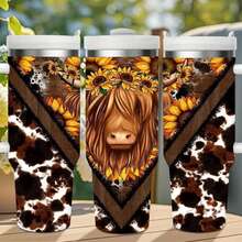 1pc 20oz/40oz Sunflower Cow Print Tumbler With Lid And Straw, Insulated Travel Mug, Gift For Women Men, Ideal For Halloween, Memorial, Christmas, Birthday Gift, Coffee Cup