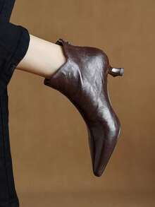 2025新款西部风侧拉链假日尖头猫跟踝靴，女士款，细跟，棕色，秋季，冬季，及膝，法式风格，优雅猫跟 - 棕色 - 查看 5