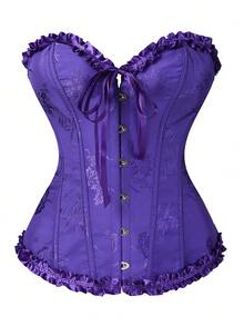 女士提花露背系带吊带塑身衣上衣，适合新年派对、情人节、节日 - 深紫色 - 查看 14