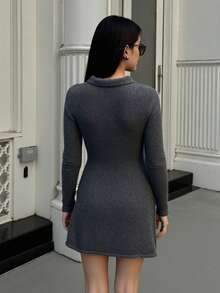 Women's Solid Color Front Button Fitted Collar Vintage Elegant Sweater Dress, Suitable For Dates, Daily Wear, Gatherings And Parties, Autumn/Winter - Grey - View 3