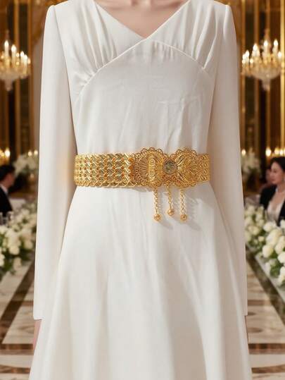 Herseygold 1pc Gold Plated Metal Soft Waist Chain, Middle Eastern Arabic Lady's Long Dress Waistband, Turkish Kurdish Bridal Clothing Chain, Luxury Gift For Wedding & Festival