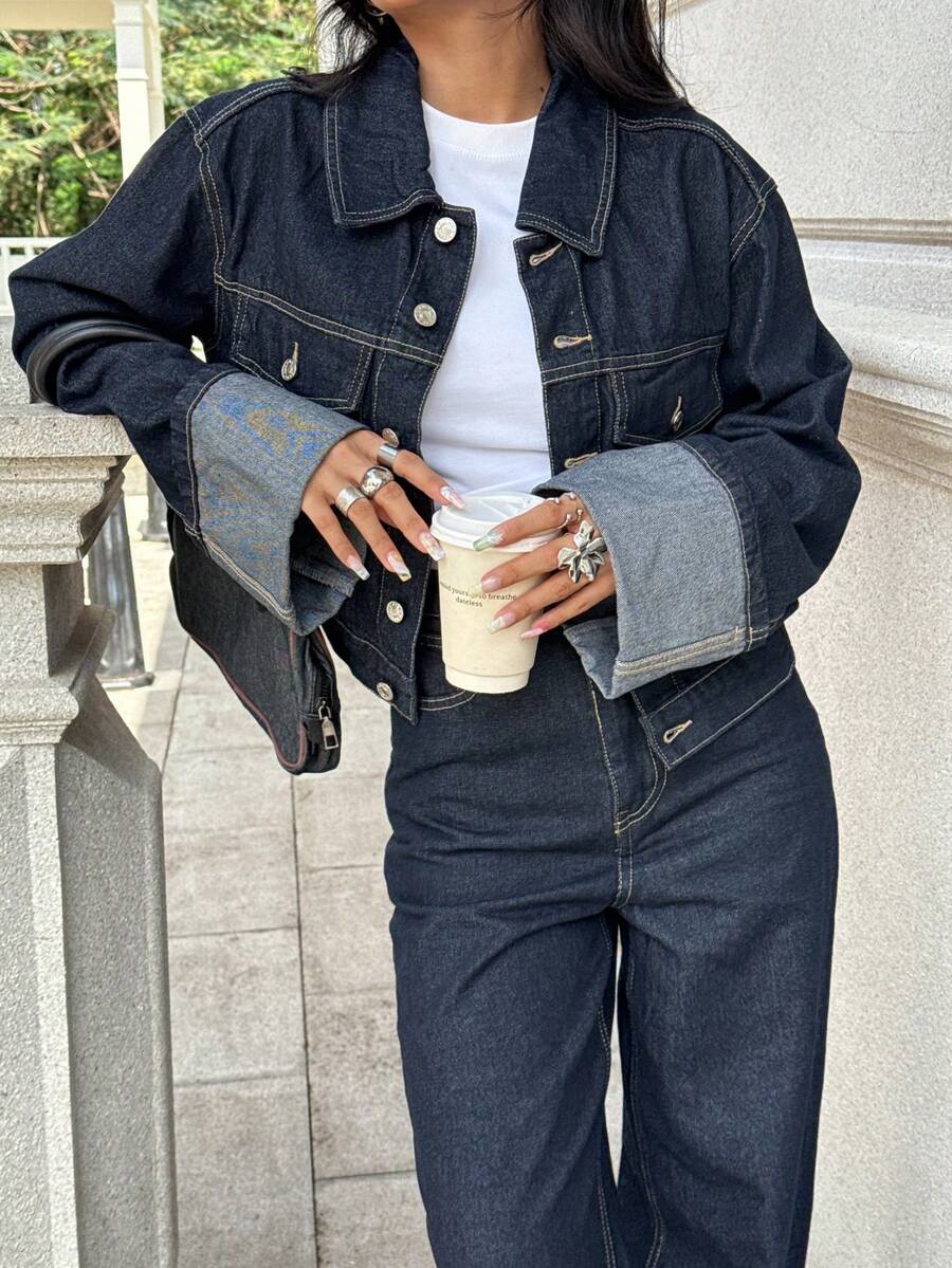 Seelio 春秋新款女士休闲卷袖牛仔夹克，百搭日常穿搭，返校时尚 - 藍色 - 查看 1