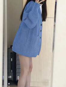 Alicedudu 女式秋冬宽松简约纽扣大口袋开衫 - 淺藍色 - 查看 4