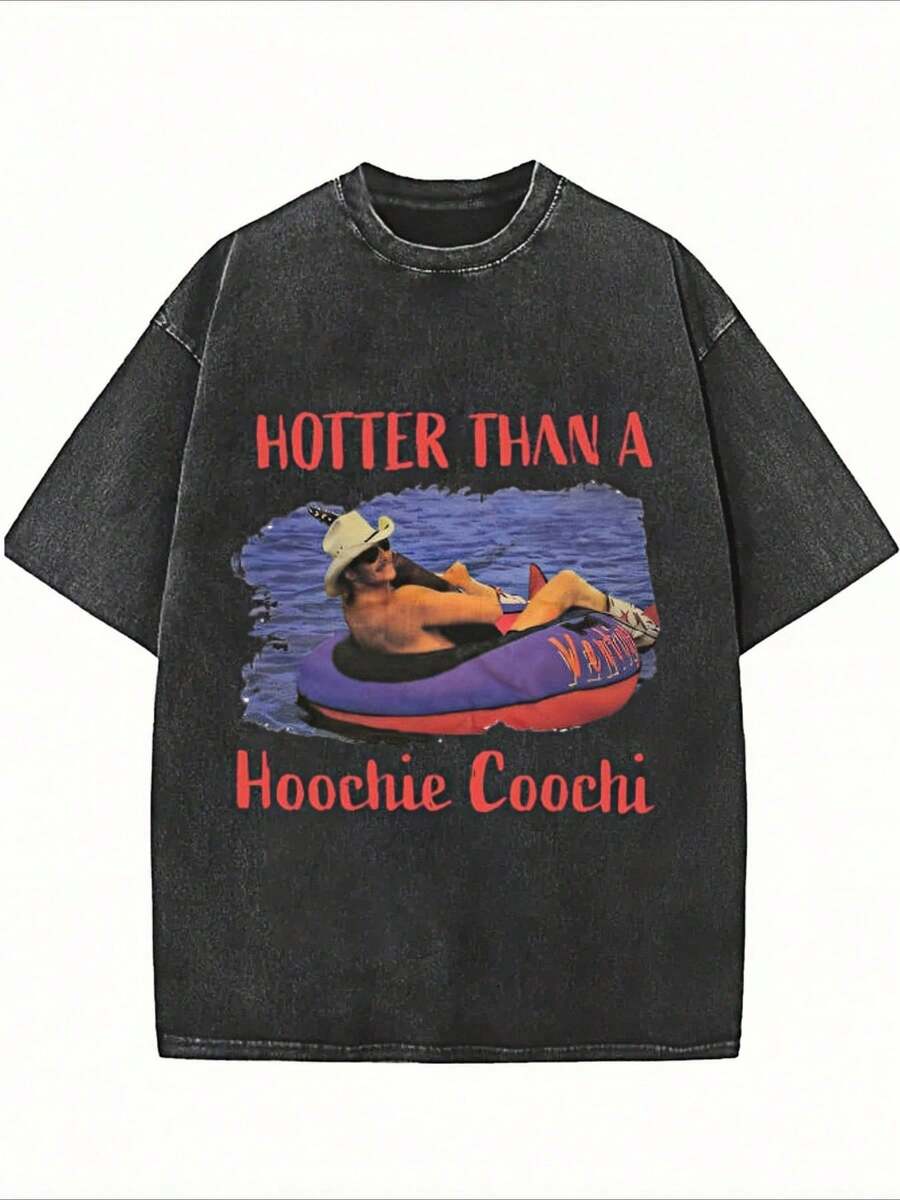 Hotter Than A  Coochi Tubing Graphic Washed T-Shirt Crew Neck Short Sleeve, Summer Graphic Tees, 230 Grams Heavyweight Casual - màu đen - Xem 1