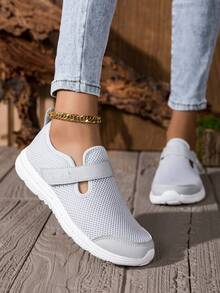 Women's Slip-On Mesh Shoes, Flat Heel, Casual Comfort Sneakers, Gray, Hook And Loop Closure, Soft Sole, Lightweight, Daily Wear, Autumn - Grey - View 8